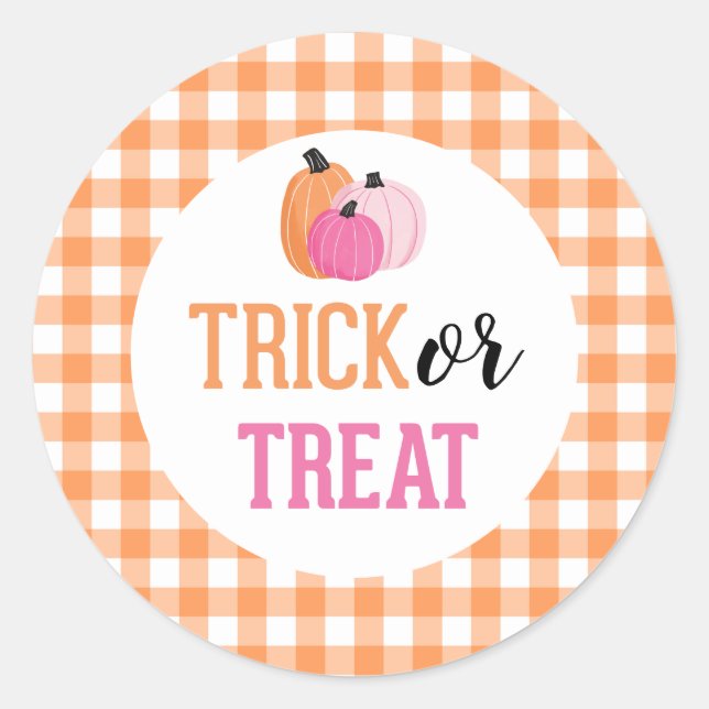 Halloween Trick or Treat pink pumpkins Classic Round Sticker (Front)