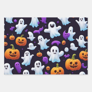 Halloween Trick Or Treat Pumpkin Boo Ghost  Black Wrapping Paper Sheet