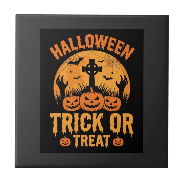 Halloween Trick or Treat Pumpkin Graveyard Design Ceramic Tile (Front)