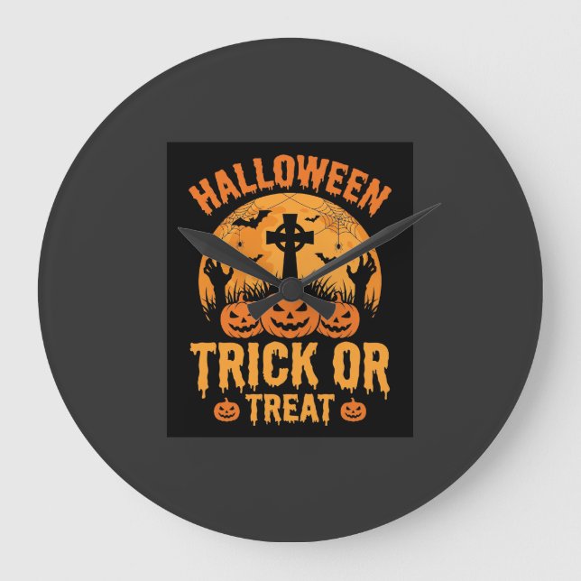 Halloween Trick or Treat Pumpkin Graveyard Design Large Clock (Front)