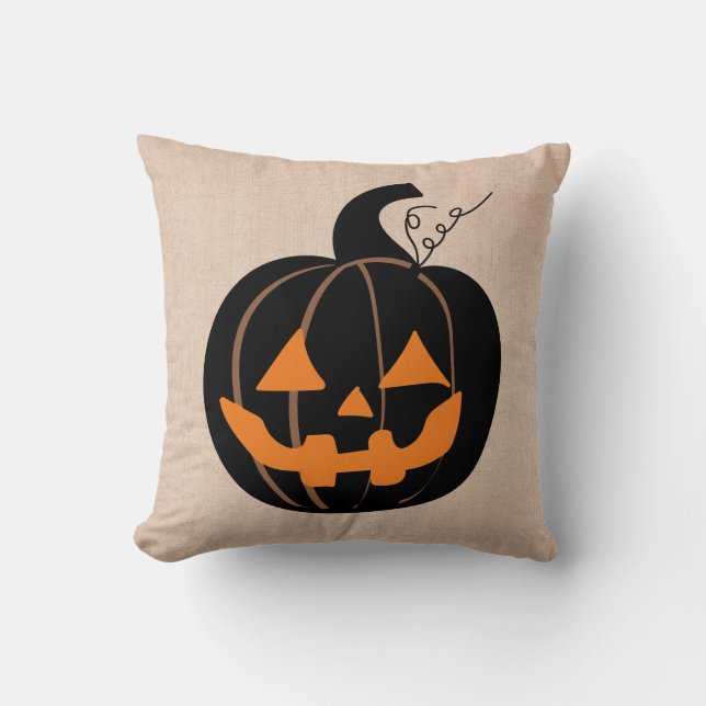 Halloween Trick or Treat Scary Pumpkin Burlap Cushion (Front)