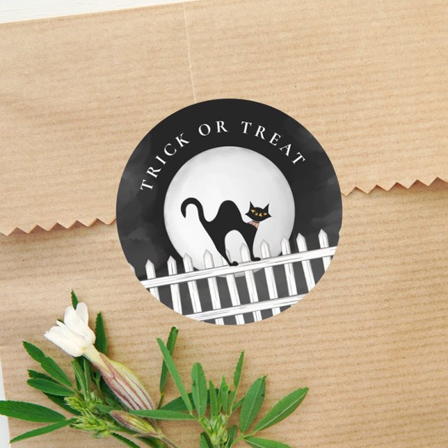 Halloween Trick Or Treat Spooky Scary Black Cat Classic Round Sticker (Creator Uploaded)