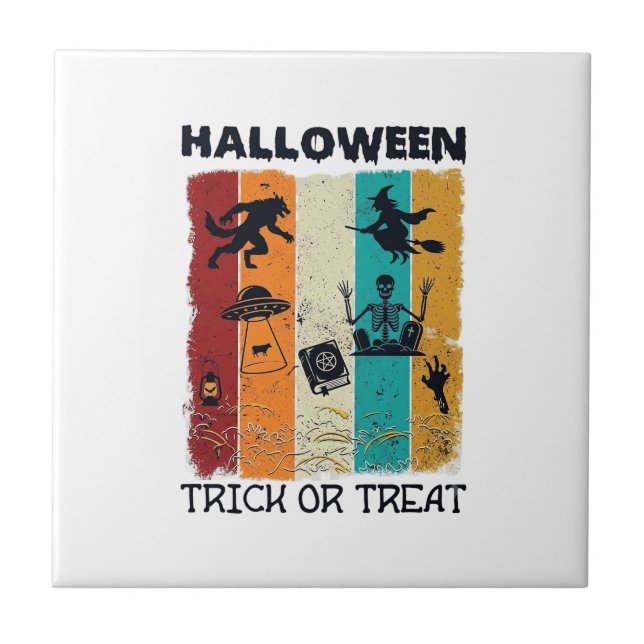 Halloween Trick Or Treat Werewolf Witch Skeleton U Ceramic Tile (Front)
