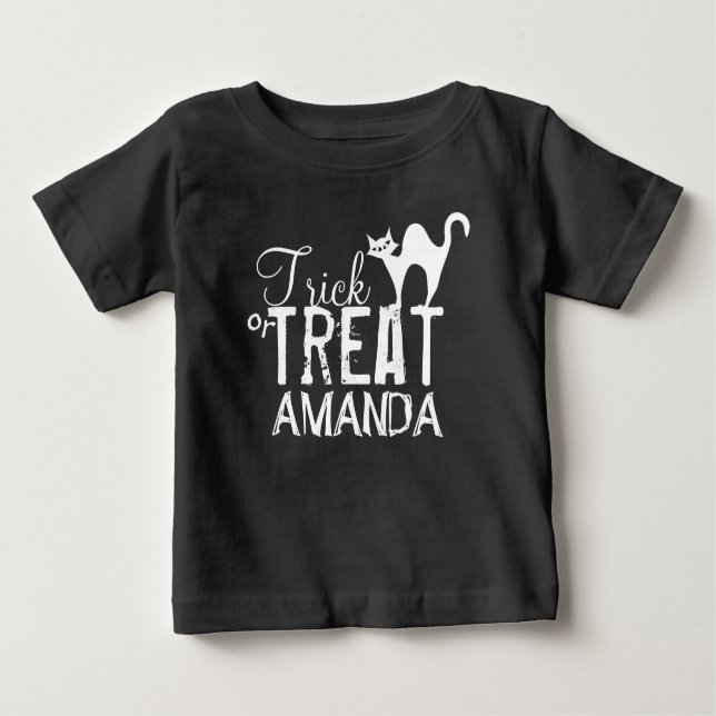 Halloween Trick Or Treat Whimsical Black Cat Baby T-Shirt (Front)