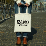 Halloween Trick or Treat Whimsical Cute Ghost Eye Tote Bag<br><div class="desc">Goofy-eyed BOO for your Halloween. A simple design with goofy cross-eyed ghoul eyes saying BOO! Trick or treat fun will be had by all with this whimsical design. Happy Halloween fun with a black background and a simple white border, Personalise for yourself or your favourite ghosts and goblins. This design...</div>