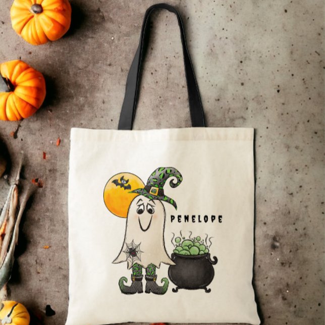 Halloween Trick or Treat Witch Ghost Cauldron Name Tote Bag (Creator Uploaded)