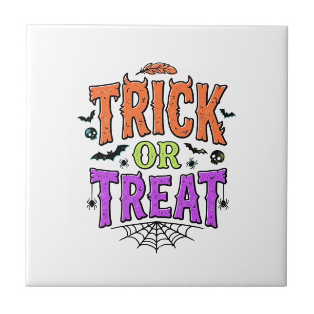 Halloween Trick Treat Funny Spider Web Retro_1 Ceramic Tile (Front)
