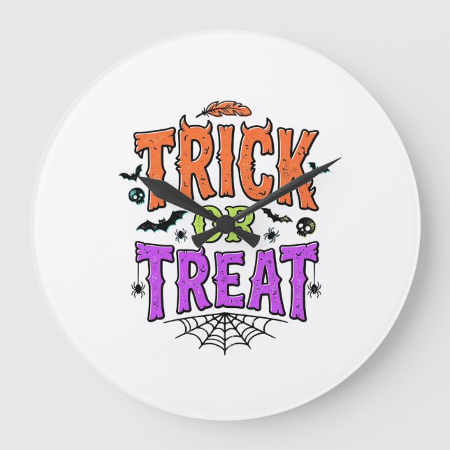 Halloween Trick Treat Funny Spider Web Retro_1 Large Clock (Front)