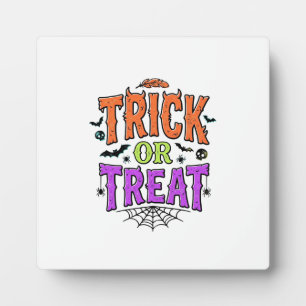 Halloween Trick Treat Funny Spider Web Retro_1 Plaque