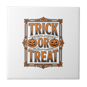 Halloween Trick Treat Pumpkin Skulls Vintage Engra Ceramic Tile
