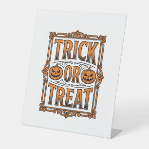 Halloween Trick Treat Pumpkin Skulls Vintage Engra Pedestal Sign