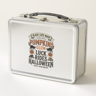 Halloween Truck Driver Shirt with Black Cats and P Metal Lunch Box