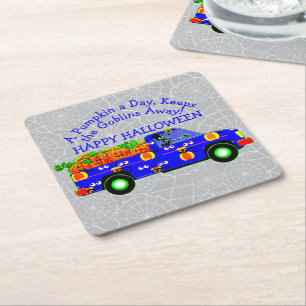 Halloween Truck Pumpkin Day Keeps Goblins Away Square Paper Coaster