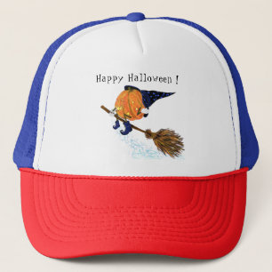 Halloween Trucker Hat Witch Pumpkin Flying Broom