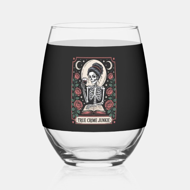 Halloween True Crime Junkie Tarot Card Stemless Wine Glass (Front)