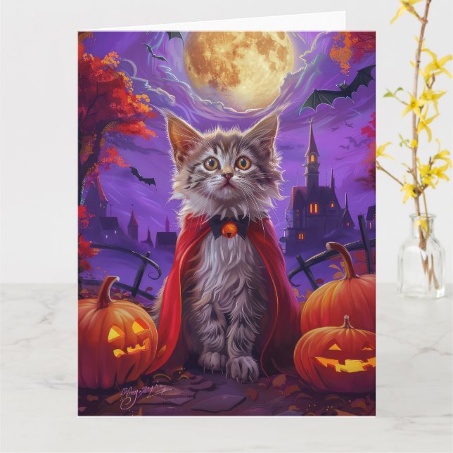 Halloween Turkish Angora Cat Vampire Pumpkin Scary Card (Yellow Flower)