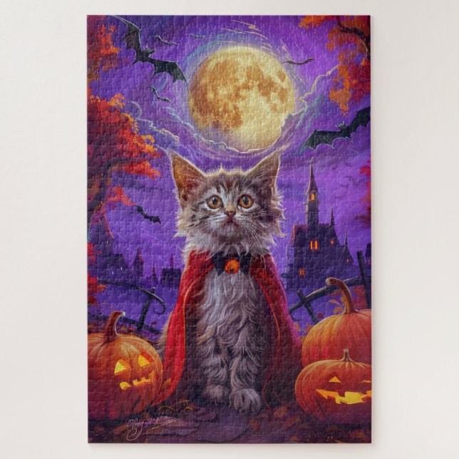 Halloween Turkish Angora Cat Vampire Pumpkin Scary Jigsaw Puzzle (Vertical)