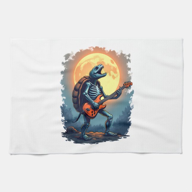 Halloween Turtle Skeleton Rocker Tee for Music Lov Tea Towel (Horizontal)