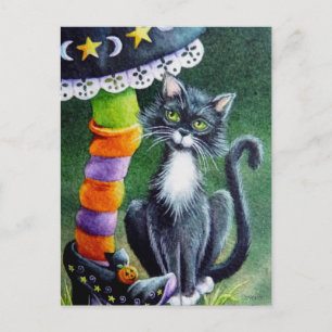Halloween Tuxedo Cat & Witch Watercolor Art Postcard