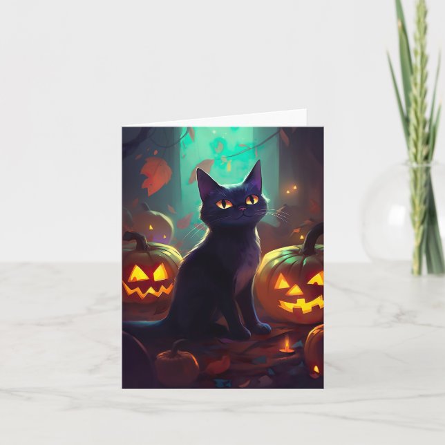 Halloween Tuxedo Cat With Pumpkins Scary Card (Front)