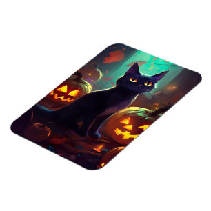 Halloween Tuxedo Cat With Pumpkins Scary Magnet