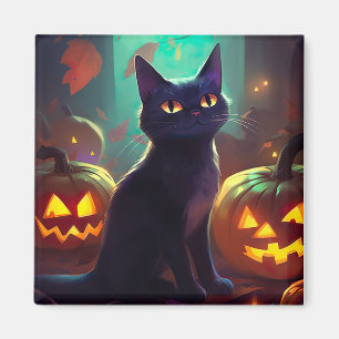 Halloween Tuxedo Cat With Pumpkins Scary Magnet