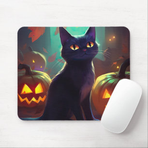 Halloween Tuxedo Cat With Pumpkins Scary Mouse Pad