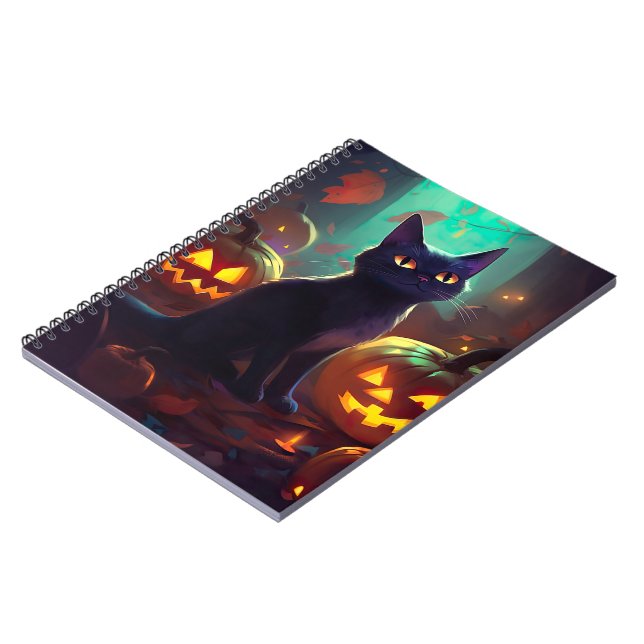 Halloween Tuxedo Cat With Pumpkins Scary Notebook (Left Side)