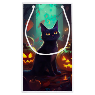 Halloween Tuxedo Cat With Pumpkins Scary Small Gift Bag