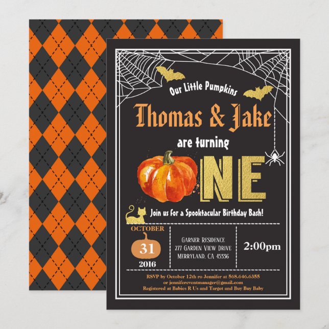 Halloween twins baby 1st first birthday party invitation (Front/Back)