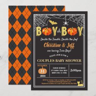 Halloween twins baby boy couples shower pumpkin invitation