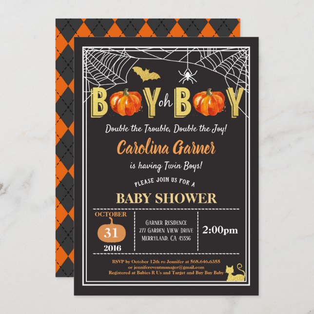 Halloween twins baby boy shower pumpkin Black gold Invitation (Front/Back)