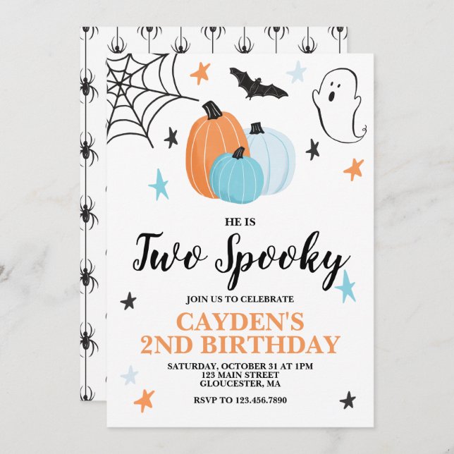 Halloween TWO Spooky 2ND Birthday Blue Pumpkins Invitation (Front/Back)