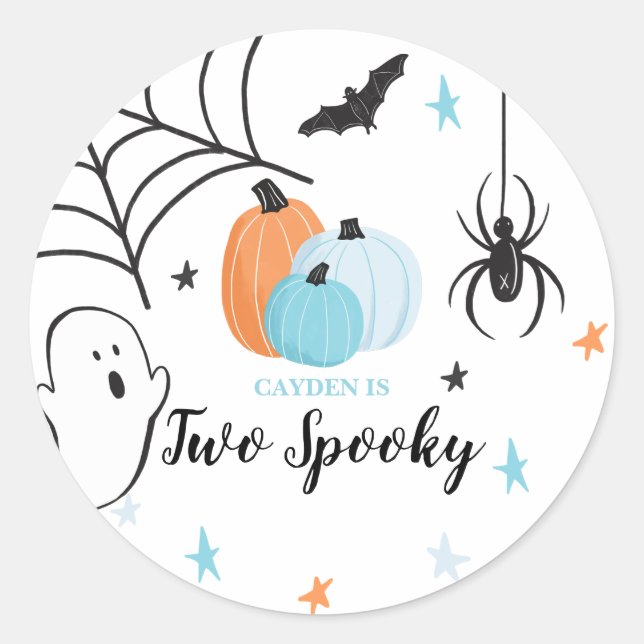 Halloween Two Spooky Birthday Blue Pumpkins Classic Round Sticker (Front)