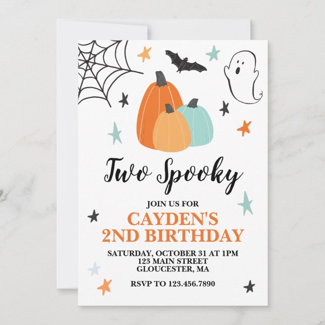 Halloween Two Spooky Birthday Blue Pumpkins Invitation (Front)