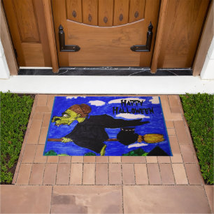 HALLOWEEN UGLY WITCH ON HER BROOM DOORMAT
