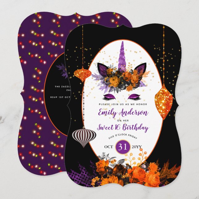 Halloween Unicorn Face Birthday Purple Orange Gold Invitation (Front/Back)