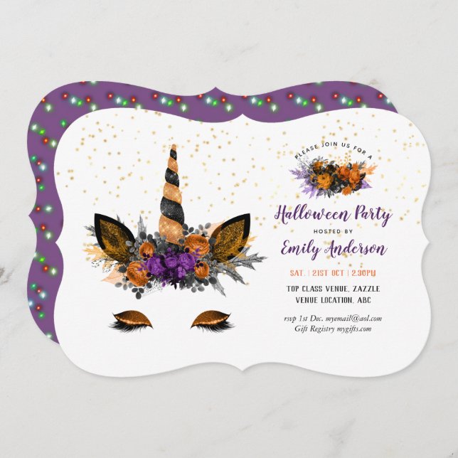 Halloween Unicorn Face Girls Birthday Party Invitation (Front/Back)