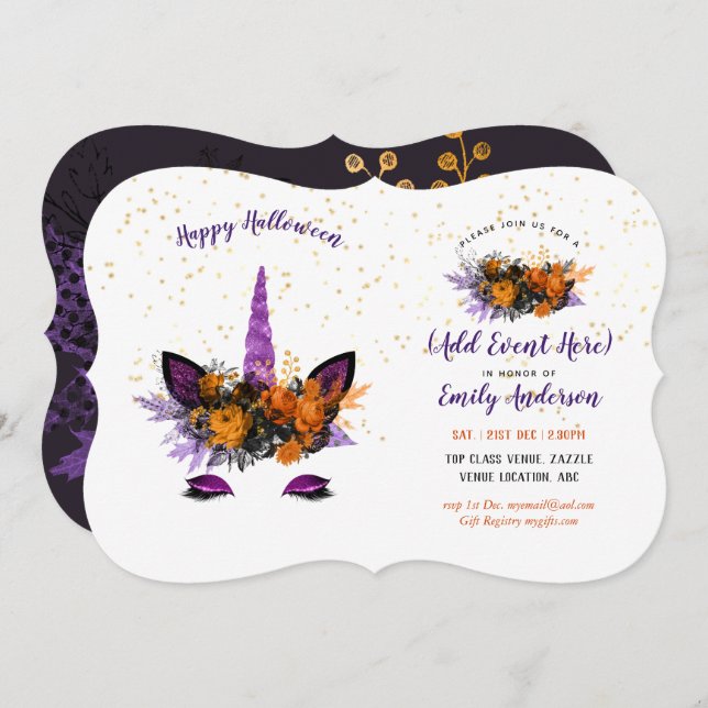 Halloween Unicorn Face Invitations ANY EVENT (Front/Back)