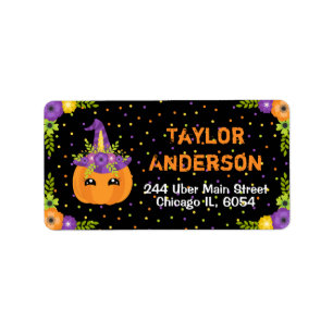 Halloween Unicorn Floral Pumpkin Black and Orange  Label