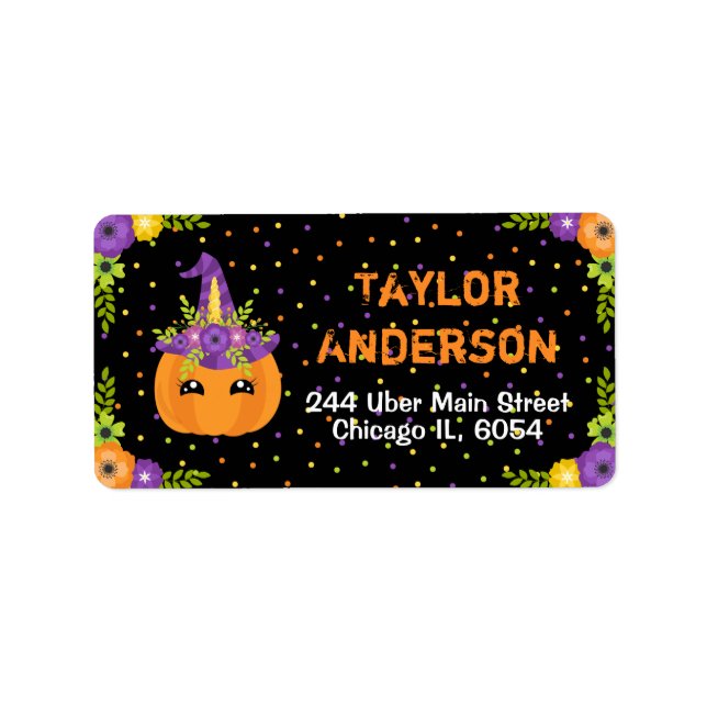 Halloween Unicorn Floral Pumpkin Black and Orange  Label (Front)