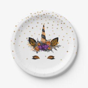 Halloween Unicorn Party Orange Black Confetti Paper Plate