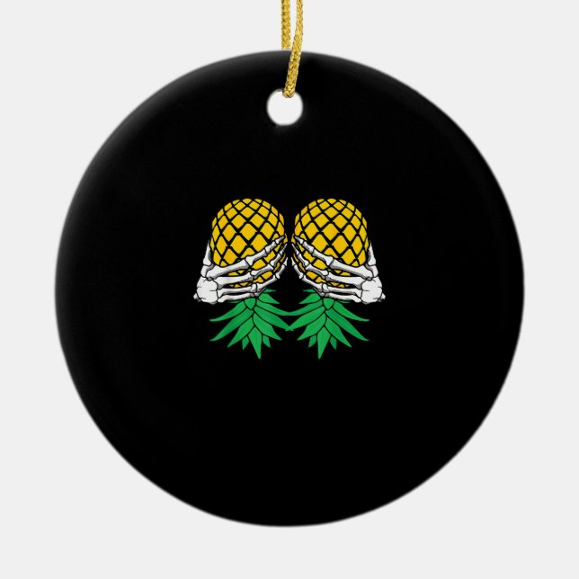 Halloween Upside Down Pineapple Swinger Skeleton Ceramic Ornament (Front)