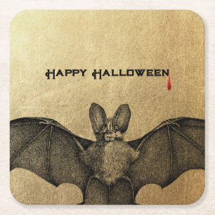 Halloween Vampire Bat Gold Square Paper Coaster