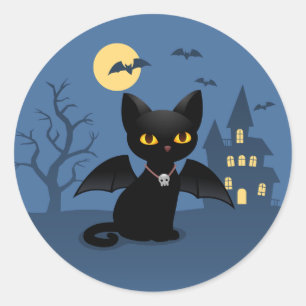 Halloween Vampire Black Cat with Wings Classic Round Sticker