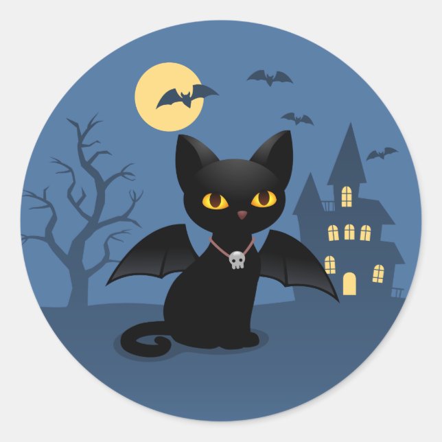 Halloween Vampire Black Cat with Wings Classic Round Sticker (Front)