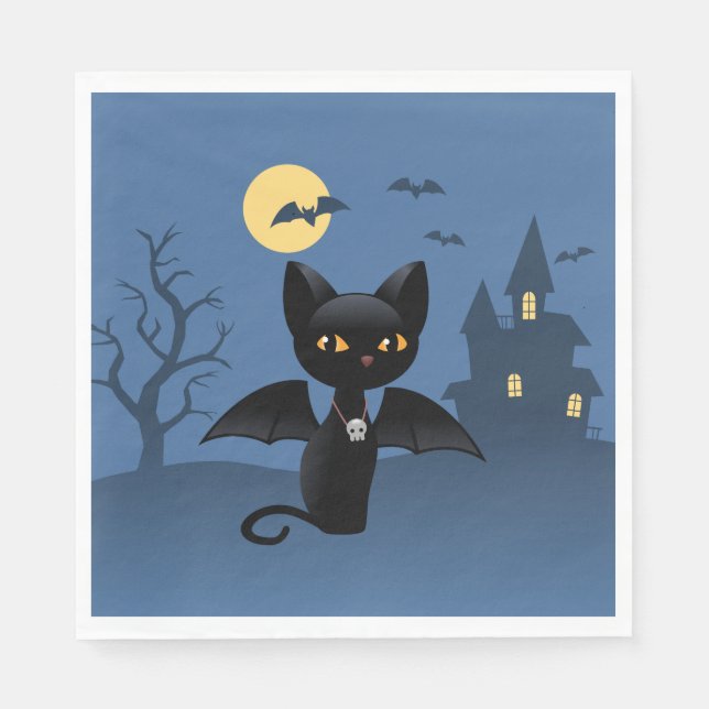Halloween Vampire Black Cat with Wings Napkin (Front)
