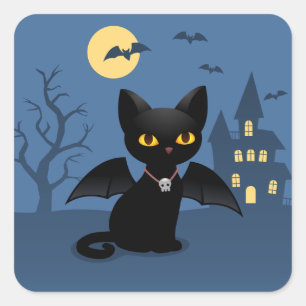 Halloween Vampire Black Cat with Wings Square Sticker