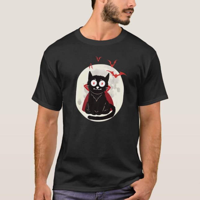 Halloween Vampire Cat Full Moon Bats Halloween Ani T-Shirt (Front)