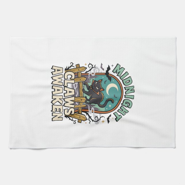 Halloween Vampire Cat Midnight Mischief Tea Towel (Horizontal)